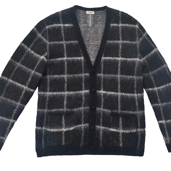 Saint Laurent Mohair Black and Gray Plaid Cardigan - Picture 1 of 6